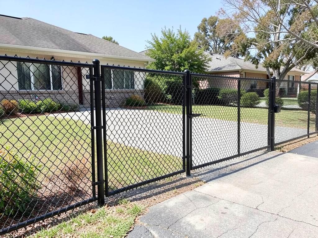Black vinyl-coated chain link fence with gate around a residential property