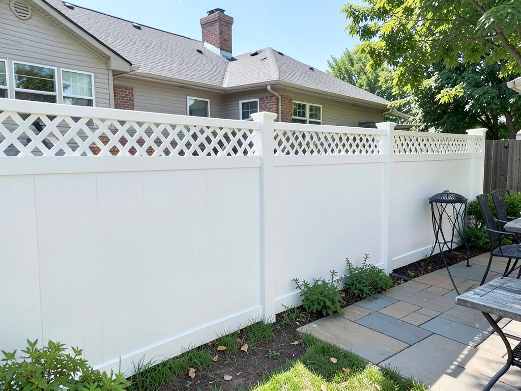 White vinyl privacy fence with lattice top installed around a patio